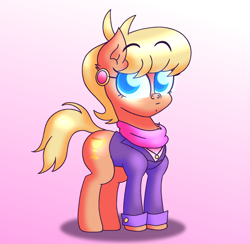 Size: 3600x3510 | Tagged: safe, artist:iceflower99, derpibooru original, character:ms. harshwhinny, species:earth pony, species:pony, g4, clothing, colored pupils, ear piercing, earring, eyebrows, eyebrows visible through hair, female, gradient background, jewelry, looking at you, mare, necklace, piercing, scarf, standing, suit, three quarter view, video at source