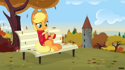 Size: 3840x2160 | Tagged: safe, artist:a4r91n, character:applejack, species:earth pony, species:pony, g4, autumn, bench, clothing, cup, digital art, drink, female, food, high res, hoof hold, leaves, mare, scenery, signature, sitting, solo, sweater, tea, vector