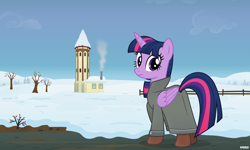 Size: 5000x3000 | Tagged: safe, artist:a4r91n, character:twilight sparkle, character:twilight sparkle (alicorn), species:alicorn, species:pony, g4, boots, building, clothing, coat, digital art, female, fence, looking at you, mare, scenery, shoes, signature, snow, three quarter view, tower, tree, vector, winter