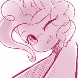 Size: 1450x1450 | Tagged: safe, artist:maren, character:pinkie pie, species:earth pony, species:pony, g4, eye clipping through hair, eyebrows, female, mare, monochrome, one eye closed, simple background, smiling, solo, white background, wink, winking at you