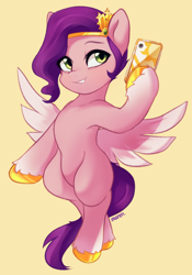 Size: 1706x2443 | Tagged: safe, artist:maren, character:pipp petals, species:pegasus, species:pony, g5, adorapipp, cellphone, circlet, coat markings, colored hooves, cute, eyebrows, female, flying, grin, hoof hold, hooves, mare, markings, phone, pipp wings, simple background, smartphone, smiling, socks (coat marking), solo, spread wings, three quarter view, unshorn fetlocks, wings, yellow background