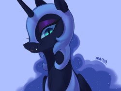 Size: 2732x2048 | Tagged: safe, artist:maren, character:nightmare moon, character:princess luna, species:alicorn, species:pony, g4, blue background, bust, cute, cute little fangs, eyeshadow, fangs, female, helmet, jewelry, looking at you, makeup, mare, moonabetes, regalia, sharp teeth, signature, simple background, solo