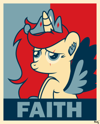 Size: 9756x12079 | Tagged: safe, artist:s-class-destroyer, oc, oc only, species:alicorn, species:pony, alicorn oc, bust, crown, ear fluff, female, hope poster, jewelry, lidded eyes, open wings, poster, raised hoof, regalia, smiling, solo, solo female