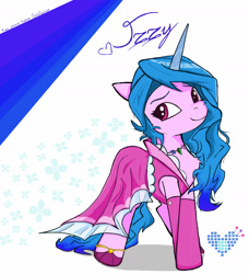 Size: 1280x1401 | Tagged: safe, artist:sallycars, character:izzy moonbow, species:pony, species:unicorn, g5, abstract background, clothing, cute, cutie mark, digital art, dress, eyebrows, female, gradient hair, izzybetes, jewelry, mare, ms paint, multicolored hair, necklace, signature, solo, text, three quarter view