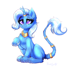 Size: 3590x3379 | Tagged: safe, artist:confetticakez, character:trixie, species:pony, species:sphinx, species:unicorn, g4, bondage, chest fluff, collar, female, horn, horn jewelry, horn ring, jewelry, lidded eyes, magic suppression, mare, paws, ring, simple background, smiling, solo, species swap, sphinxified, white background