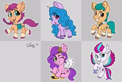 Size: 2631x1754 | Tagged: safe, artist:dandy, character:hitch trailblazer, character:izzy moonbow, character:pipp petals, character:sunny starscout, character:zipp storm, species:earth pony, species:pegasus, species:pony, species:unicorn, g5, blaze (coat marking), blushing, bracelet, braid, cellphone, chibi, colored wings, cutie mark, ear fluff, eyebrows, eyebrows visible through hair, eyelashes, gradient hair, jewelry, looking at you, mane g5, multicolored hair, multicolored wings, one eye closed, phone, pipp wings, saddle bag, smartphone, smiling, spread wings, sunny's buttons, tongue out, wings, wink