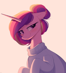 Size: 1661x1848 | Tagged: safe, artist:higgly-chan, character:princess cadance, species:alicorn, species:pony, g4, alternate hairstyle, blushing, clothing, cute, cutedance, eyebrows, female, floppy ears, hair bun, lidded eyes, looking sideways, mare, simple background, smiling, solo, sweater, three quarter view