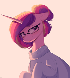 Size: 1661x1848 | Tagged: safe, alternate version, artist:higgly-chan, character:princess cadance, species:alicorn, species:pony, g4, alternate hairstyle, blushing, clothing, cute, cutedance, eyebrows, female, floppy ears, glasses, hair bun, lidded eyes, looking sideways, mare, simple background, smiling, solo, sweater, three quarter view