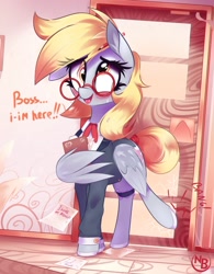 Size: 1080x1382 | Tagged: safe, artist:nevobaster, character:derpy hooves, species:pegasus, species:pony, g4, blushing, business suit, clothing, cravat, cute, derpabetes, dialogue, door, ear fluff, explicit source, female, folder, glasses, jacket, mare, open mouth, paper, pencil, shirt, solo, text, wing hands, wings