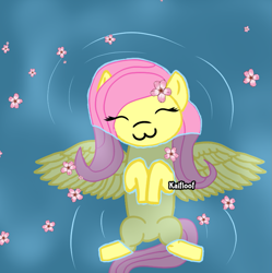 Size: 769x771 | Tagged: safe, artist:kaifloof, character:fluttershy, februpony, g4, cherry blossoms, flower, flower in hair, laying on back, petals, water
