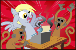 Size: 719x478 | Tagged: safe, artist:montyrohde, character:derpy hooves, species:pegasus, species:pony, g4, abstract background, female, mare, monkey, open mouth, shocked, spread wings, typewriter, wings