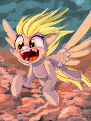 Size: 2121x2828 | Tagged: safe, artist:krecker-cream, character:derpy hooves, species:pegasus, species:pony, g4, cloud, cloudy, cute, derpabetes, female, flying, lineless, mare, open mouth, sky, smiling, solo, spread wings, tooth gap, uvula, volumetric mouth, windswept mane, wings