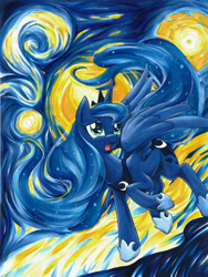 Size: 800x1064 | Tagged: safe, artist:muffyn-man, character:princess luna, species:alicorn, species:pony, g4, clothing, crown, female, fine art parody, hoof shoes, ink drawing, jewelry, mare, necklace, night, night sky, open mouth, painting, peytral, regalia, shoes, sky, solo, spread wings, starry night, stars, the starry night, three quarter view, traditional art, wings
