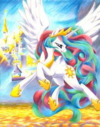 Size: 900x1144 | Tagged: safe, artist:muffyn-man, character:princess celestia, species:alicorn, species:pony, g4, canterlot castle, clothing, crown, female, flying, hoof shoes, jewelry, mare, necklace, peytral, regalia, shoes, solo, spread wings, three quarter view, wings
