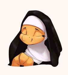 Size: 1953x2163 | Tagged: safe, artist:aquaticvibes, character:applejack, species:earth pony, species:pony, g4, bust, eyebrows, eyelashes, eyes closed, female, freckles, hooves, hooves together, mare, nun, portrait, praying, simple background, smiling, solo, white background