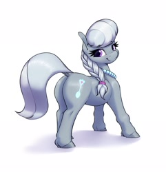 Size: 2286x2374 | Tagged: safe, artist:aquaticvibes, character:silver spoon, species:earth pony, species:pony, g4, braid, butt, cutie mark, eyebrows, eyebrows visible through hair, eyelashes, female, filly, jewelry, looking at you, looking back, looking back at you, necklace, pearl necklace, ribbon, silverbutt, simple background, smiling, solo, tail, white background, young