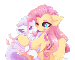 Size: 4500x3600 | Tagged: safe, artist:xsatanielx, character:fluttershy, species:pony, g4, colored eyebrows, commission, crossover, cute, eyebrows, female, floppy ears, looking at each other, mare, nintendo, pokémon, profile, shyabetes, simple background, smiling, three quarter view, transparent background, video game, vulpix, wings