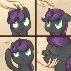 Size: 1356x1356 | Tagged: safe, artist:plotcore, oc, oc only, oc:nyx, species:alicorn, species:human, species:pony, g4, alicorn oc, blushing, comic, cute, dialogue, drawthread, eyes closed, female, filly, floppy ears, full face view, hand, heart, human on pony petting, nyxabetes, ocbetes, open mouth, open smile, petting, profile, simple background, slit pupils, smiling, text, young