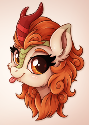 Size: 1632x2292 | Tagged: safe, artist:zeepheru_pone, character:autumn blaze, species:kirin, g4, awwtumn blaze, blep, blushing, bust, colored eyebrows, colored pupils, cute, eyebrows, female, looking at you, portrait, signature, simple background, smiling, solo, tongue out