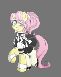 Size: 6410x8098 | Tagged: safe, artist:darkstorm mlp, derpibooru original, character:fluttershy, species:pegasus, species:pony, g4, adorable face, adorascotch, anime style, blushing, bow, butterscotch, clothing, colored pupils, crossdressing, cuffs (clothes), cute, eye clipping through hair, eyebrows, eyebrows visible through hair, femboy, fluttermaid, garter, gray background, hair tie, hidden wings, looking at you, maid, makeup, male, mary janes, nylon tights, open mouth, ponytail, raised hoof, rule 63, shoes, simple background, socks, solo, stallion, stockings, thigh highs