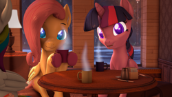Size: 3840x2160 | Tagged: safe, artist:sylthena, character:fluttershy, character:rainbow dash, character:twilight sparkle, character:twilight sparkle (alicorn), species:alicorn, species:pegasus, species:pony, g4, 3d, 4k, cafe, coffee, coffee mug, cozy, crepuscular rays, cute, dawwww, drink, food, fork, glowing, glowing eyes, high res, horn, lamp, looking at you, mug, offscreen character, pov, road, shyabetes, sitting, snow, source filmmaker, streetlight, sugar (food), tree, volumetric light, wings
