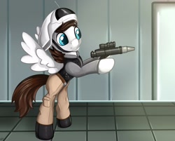 Size: 3020x2424 | Tagged: safe, artist:appleneedle, oc, oc:viper, species:pegasus, species:pony, g4, art, bipedal, character, clothing, commission, crossover, digital, draw, drawing, eyebrows, eyebrows visible through hair, fanart, gun, hoof hold, male, paint, painting, rebel trooper, science fiction, ship, solo, spread wings, stallion, star wars, three quarter view, uniform, weapon, wings