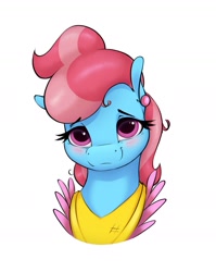 Size: 1321x1663 | Tagged: safe, artist:aquaticvibes, character:cup cake, species:earth pony, species:pony, g4, blushing, bust, cute, ear piercing, earring, eyebrows, eyebrows visible through hair, eyelashes, female, jewelry, looking at you, mare, piercing, portrait, simple background, smiling, solo, white background