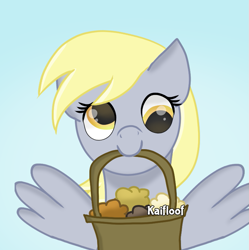 Size: 769x771 | Tagged: safe, artist:kaifloof, character:derpy hooves, species:pegasus, species:pony, februpony, g4, basket, blue background, cute, derpabetes, food, holding, mouth hold, muffin, muffin basket, simple background