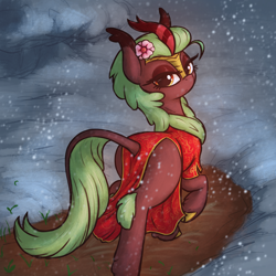 Size: 3000x3000 | Tagged: safe, artist:t72b, derpibooru original, character:cinder glow, character:summer flare, species:kirin, species:pony, g4, butt, cheongsam, clothing, cloven hooves, colored hooves, dress, female, flower, flower in hair, frown, hooves, looking at you, lunar new year, mare, plot, raised hoof, side slit, snow, snowfall, solo, winter