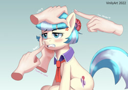 Size: 3280x2312 | Tagged: safe, artist:vinilyart, character:coco pommel, species:earth pony, species:pony, g4, angry, bad touch, boop, cross-popping veins, cute, eyebrows, eyebrows visible through hair, female, gradient background, hand, madorable, mare, noseboop, personal space invasion, petting, signature, sitting, solo focus, text, three quarter view, vein