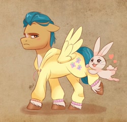 Size: 2048x1974 | Tagged: safe, artist:artharuhi, character:hitch trailblazer, species:earth pony, species:pony, species:rabbit, g5, animal, blaze (coat marking), blushing, clothing, coat markings, colored hooves, critter magnet, floppy ears, fluttershy suit, frustrated, hitch is not amused, hoodie, hooves, male, profile, raised leg, signature, simple background, socks (coat marking), stallion, unamused, unshorn fetlocks