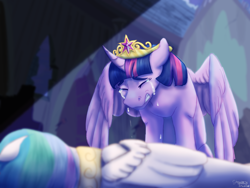 Size: 2160x1620 | Tagged: safe, artist:strawbrrytiramisu, character:princess celestia, character:twilight sparkle, character:twilight sparkle (alicorn), species:alicorn, species:pony, episode:princess twilight sparkle, g4, my little pony: friendship is magic, big crown thingy, colored eyebrows, crown, crying, duo, duo female, element of magic, eyebrows, eyes closed, female, high res, jewelry, lying down, mare, on back, regalia, scene interpretation, signature, wings