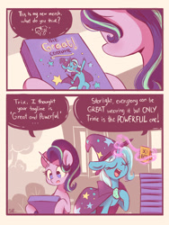 Size: 1800x2400 | Tagged: safe, artist:scribblepotato, character:starlight glimmer, character:trixie, species:pony, species:unicorn, februpony, g4, 2 panel comic, brooch, cape, clothing, comic, dialogue, eyebrows, eyebrows visible through hair, eyes closed, female, glowing horn, hat, hoof hold, horn, jewelry, magic, magic aura, mare, no pupils, open mouth, raised hoof, speech bubble, telekinesis, text, trixie's brooch, trixie's cape, trixie's hat, wizard hat
