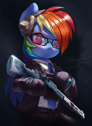 Size: 800x1101 | Tagged: safe, artist:theprince, character:rainbow dash, species:pegasus, species:pony, g4, bipedal, clothing, cosplay, costume, crossover, eyebrows, eyebrows visible through hair, female, glasses, gloves, gun, headphones, looking at you, mare, necktie, pants, rainbow six, rainbow six siege, shirt, shotgun, solo, suit, warden, watch, weapon, wristwatch