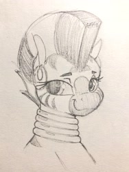 Size: 2617x3489 | Tagged: safe, artist:aquaticvibes, character:zecora, species:pony, species:zebra, g4, black and white, ear piercing, earring, eyebrows, eyelashes, female, grayscale, jewelry, looking sideways, mare, mohawk, monochrome, neck rings, pencil drawing, piercing, simple background, smiling, solo, traditional art, white background