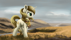 Size: 4000x2250 | Tagged: safe, artist:flusanix, character:sweet biscuit, species:pony, species:unicorn, g4, bokeh, clothing, cutie mark, eyebrows, eyelashes, female, horn, lidded eyes, mare, river, scarf, scenery, solo, tail