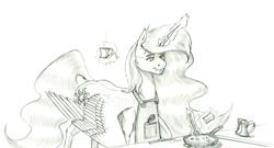 Size: 1500x811 | Tagged: safe, artist:baron engel, character:princess celestia, species:alicorn, species:pony, g4, apron, black and white, clothing, cooking, cutie mark, ethereal mane, explicit source, eyebrows, glowing horn, grayscale, horn, magic, monochrome, mug, pencil drawing, simple background, skillet, solo, spread wings, story in the source, stove, tail, traditional art, white background, wings