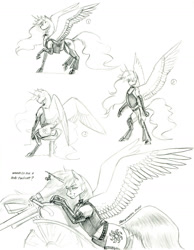 Size: 1100x1420 | Tagged: safe, artist:baron engel, character:princess celestia, species:alicorn, species:pony, g4, chopper, clothing, cutie mark, ethereal mane, female, horn, jacket, leather, leather boots, leather jacket, looking at you, mare, motorcycle, pencil drawing, simple background, sitting, sketch dump, smiling, solo, spread wings, traditional art, white background, wings