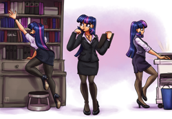 Size: 2604x1800 | Tagged: safe, artist:king-kakapo, character:twilight sparkle, species:human, g4, bookshelf, breasts, business suit, butt, cleavage, clipboard, clothing, female, high heels, humanized, jacket, jewelry, long hair, necklace, pantyhose, pen, photocopier, questionable source, shirt, shoes, skirt, skirt suit, solo, species swap, trash can, twibutt, vest