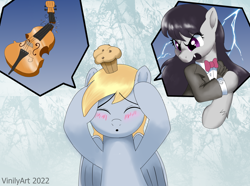 Size: 2660x1984 | Tagged: safe, artist:vinilyart, character:derpy hooves, character:octavia melody, species:earth pony, species:pegasus, species:pony, g4, angry, blushing, broken, cello, duo, eyebrows, eyebrows visible through hair, eyes closed, female, food, full face view, mare, muffin, musical instrument, open mouth, signature, this will end in pain, this will not end well, three quarter view, wings