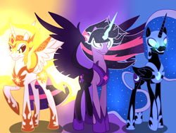 Size: 1400x1050 | Tagged: dead source, safe, artist:crystallightfury, character:daybreaker, character:midnight sparkle, character:nightmare moon, character:princess celestia, character:princess luna, character:twilight sparkle, character:twilight sparkle (alicorn), character:twilight sparkle (scitwi), species:alicorn, species:pony, g4, crown, ethereal mane, female, glowing horn, horn, jewelry, magic, mare, raised hoof, regalia, smiling, smirk, wings