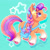 Size: 1000x1000 | Tagged: safe, artist:conphettey, character:sunny starscout, species:earth pony, species:pony, g3, g5, abstract background, bag, blue background, braid, coat markings, colored hooves, female, hooves, mare, multicolored hair, profile, saddle bag, satchel, signature, simple background, socks (coat marking), starry eyes, stars, unshorn fetlocks