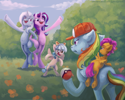Size: 3500x2800 | Tagged: safe, artist:yarugreat, character:cozy glow, character:rainbow dash, character:scootaloo, character:starlight glimmer, character:trixie, species:pegasus, species:pony, species:unicorn, g4, bipedal, cap, clothing, crossover, female, filly, floppy ears, flower, foal, hat, looking at each other, looking at someone, mare, multicolored hair, nintendo, open mouth, pokéball, pokémon, profile, rainbow hair, rainbow tail, raised hoof, spread wings, tail, team rocket, three quarter view, unamused, video game, wings, young