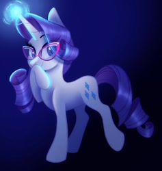 Size: 1583x1668 | Tagged: safe, artist:carouselunique, character:rarity, species:pony, species:unicorn, g4, cute, eye clipping through hair, eyebrows, eyebrows visible through hair, female, glasses, glowing, glowing horn, gradient background, horn, looking at you, magic, mare, raised leg, raribetes, rarity's glasses, simple background, smiling, solo, three quarter view