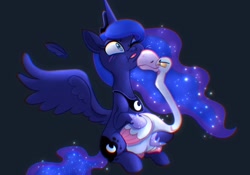 Size: 2048x1431 | Tagged: safe, artist:carouselunique, character:princess luna, species:alicorn, species:bird, species:pony, g4, blushing, crown, ethereal mane, feather, female, galaxy mane, goose, jewelry, mare, nuzzling, one eye closed, regalia, solo, spread wings, starry tail, tail, wings