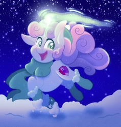 Size: 1583x1668 | Tagged: safe, artist:carouselunique, character:sweetie belle, species:pony, species:unicorn, februpony, g4, beanie, boots, clothing, colored pupils, cute, diasweetes, female, filly, foal, glowing, glowing horn, happy, hat, horn, looking at you, magic, night, open mouth, open smile, scarf, shoes, smiling, smiling at you, snow, solo, stars, three quarter view, winter, young
