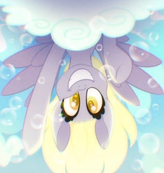 Size: 1583x1668 | Tagged: safe, artist:carouselunique, character:derpy hooves, species:pegasus, species:pony, februpony, g4, bubble, cloud, colored pupils, cute, derpabetes, female, looking at you, mare, smiling, smiling at you, solo, spread wings, upside down, wings
