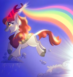 Size: 1583x1668 | Tagged: safe, artist:carouselunique, character:autumn blaze, species:kirin, februpony, g4, awwtumn blaze, butt, cloud, cloven hooves, colored hooves, cute, female, full body, glowing horn, happy, hooves, horn, leg fluff, magic, open mouth, open smile, plot, profile, rain, rainbow, shading, side view, smiling, solo, tail
