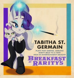 Size: 1583x1668 | Tagged: safe, artist:carouselunique, character:opalescence, character:rarity, species:pony, species:unicorn, februpony, g4, black dress, black socks, breakfast at tiffany's, cat, cigarette, cigarette holder, clothing, colored eyebrows, colored pupils, dress, eyebrows, female, full face view, glowing horn, horn, jewelry, looking at you, magic, magic aura, mare, necklace, parody, pearl necklace, smiling, socks, solo, tabitha st. germain, telekinesis, text