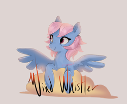 Size: 906x745 | Tagged: dead source, safe, artist:serbhka, character:wind whistler, species:pegasus, species:pony, g1, g4, cloud, cute, female, g1 to g4, generation leap, mare, simple background, smiling, solo, spread wings, text, three quarter view, wings